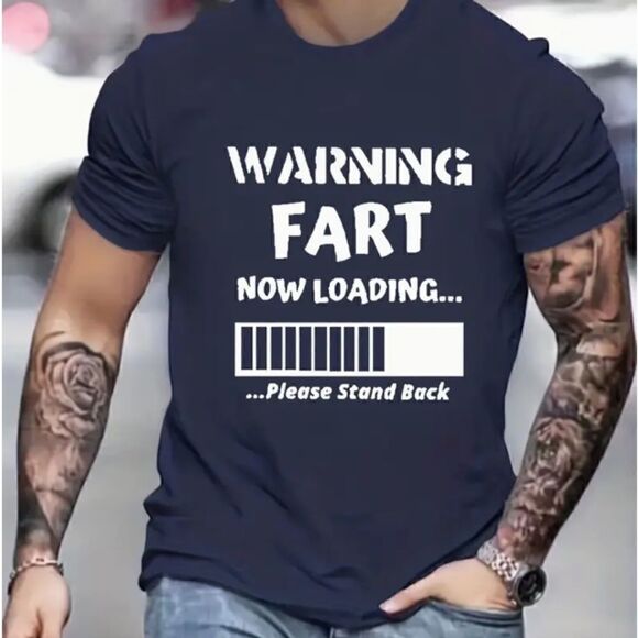 NEW! Men's Fart Warning Pattern Print Graphic Short Sleeve T Shirt Navy Blue - Picture 1 of 3
